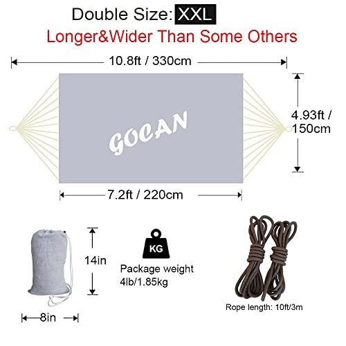 GOCAN Brazilian Double Hammock 2 Person Extra Large 330X150cm Load Capacity 600Pound Canvas Cotton Hammock for Patio Porch Garden Backyard Lounging Outdoor and Indoor XXL(Grey) GOCAN