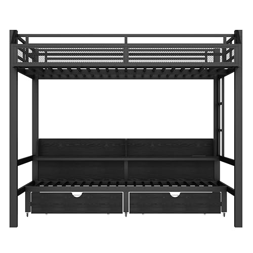 Harper & Bright Designs Queen Size Bunk Bed with Drawers and Storage Shelves, Can be Converted into Sofa, Metal Bunk Bed Frame with USB Ports and LED Lights (Black/Queen) Harper & Bright Designs
