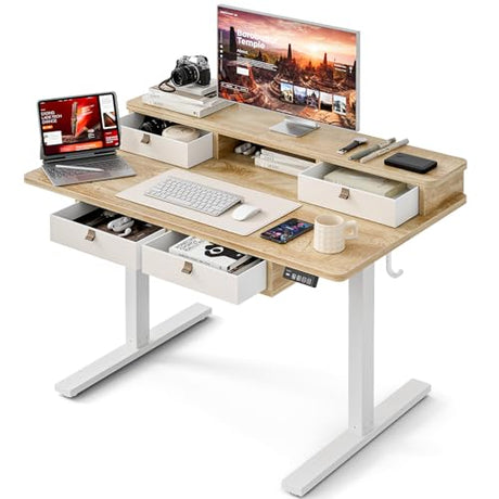 Grandder 47 Inch Electric Standing Desk with Four Drawers, Sit to Stand Up, Height Adjustable Desk with Storage Shelf for Home Office, Study, Ergonomic Adjustable Computer Desk, Oak Grandder