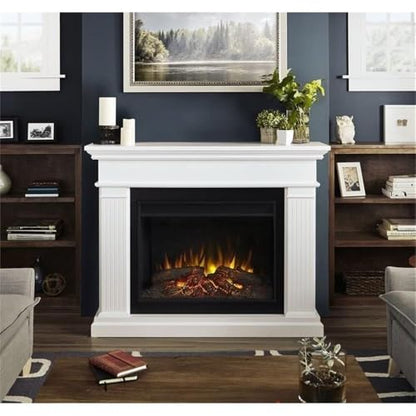 BOWERY HILL Contemporary 55.5" Wooden Surround Heater Electric Solid Wood Fireplace with Remote Control, Adjustable Led Flame, 1500W in White