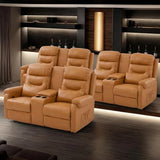MANBUR RV Reclining Loveseat Sofa with Console, Wall Hugger Recliner Sofa, Double Recliner Home Movie Theater Seating with Cup Holders & Storage (Faux Leather Orange)