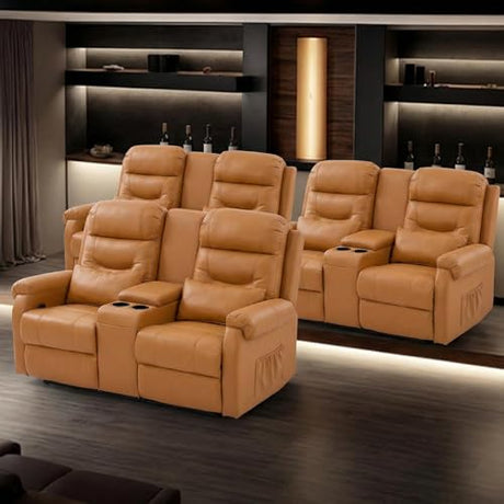 MANBUR RV Reclining Loveseat Sofa with Console, Wall Hugger Recliner Sofa, Double Recliner Home Movie Theater Seating with Cup Holders & Storage (Faux Leather Orange) MANBUR