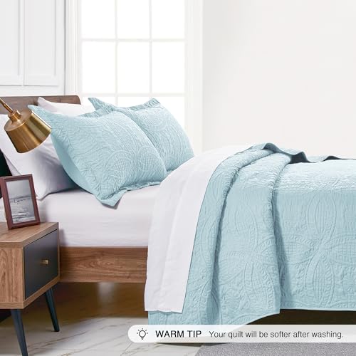 Love's cabin Twin Quilt Set Spa-Blue Bedspreads - Soft Bed Summer Lightweight Bedspread Comforter - Modern Style Coin Pattern Coverlet for All Season - 2 Pieces (1 Quilt, 1 Pillow Sham) Love's cabin