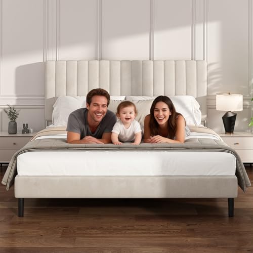 Mxhtcewz King Size Platform Bed Frame with Vertical Channel Tufted Headboard, No Box Spring Needed, Noise-Free, Easy Assembly, Beige Velvet Mxhtcewz