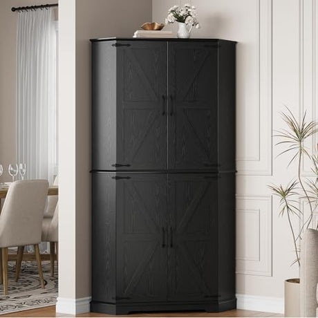 IRONCK Corner Cabinet, 72" Kitchen Pantry Cabinet, 6-Tier Freestanding Farmhouse Pantry with 2 Adjustable Shelves, 240°Swivel Doors, 2 Doors Storage, Spacious Hutch for Kitchen, Living Room, Black IRONCK