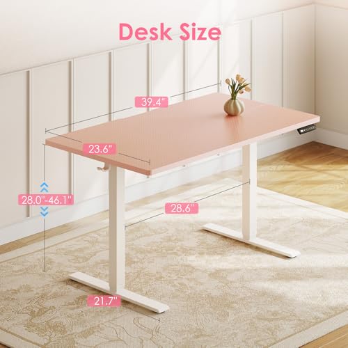 OffiGo Electric Height Adjustable Standing Desk, 40 Inch Pink Computer Desk for Women Girls, Sit Stand Table for Home, Office, Bedroom OffiGo