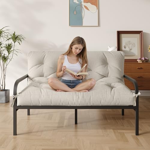 Furnify 6" Futon Mattress Queen Size, Futons Sofa Couch Bed with Straps, Thick Corduroy Fabric Floor Mattress for Adults, Foldable Mattress with Shredded Foam Filling (Frame Not Included), Beige Furnify