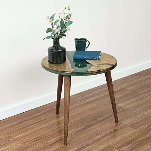 20" Resin Walnut Round Side Table | Epoxy End Table | Coffee Table | Mid Century Modern Resin Walnut | Living Room Furniture | Green Color Ultimate Premium Products