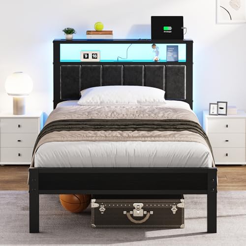OLEVS Twin Bed Frame with LED Lights & USB Outlets, Platform Twin Bed with Storage Headboard, No Box Spring Needed, Easy Assembly OLEVS