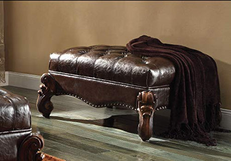 Acme Versailles Faux Leather Upholstered Ottoman in Dark Brown and Cherry Oak ACME Furniture