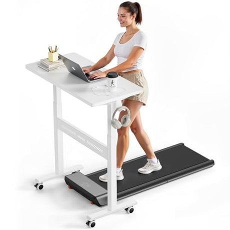WALKINGDESK Mobile Walking Pad Desk with Wheels, Pneumatic Small Rolling Standing Desk Riser Height Adjustable (28-43.7") for Treadmill, Portable Computer Table for Home Office, White WALKINGDESK
