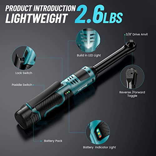 Seesii 3/8" Long Neck Ratchet Wrench, 40Ft-lbs 6" Extended Cordless Ratchet Wrench Kit w/ 2x2.0Ah Batteries & Fast Charge, 220RPM Variable Speed Ratcheting Wrench w/ 7 Sockets, RT400B - WoodArtSupply