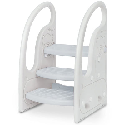 Toddler 3 Step Stool Onasti Kids Standing Tower for Toddlers Plastic Learning Helper Stool for Kitchen Counter Bathroom Sink Toilet Potty Training with Handles and Non-Slip Pads-Grey White