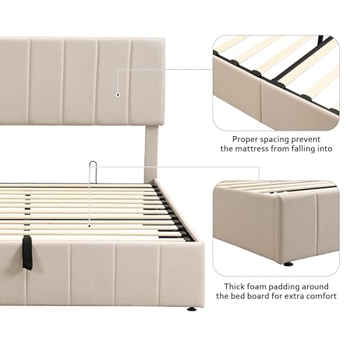 Gas Lift Up Storage Platform Bed, Upholstered Bed Frame with Hydraulic Storage System and Wooden Slat Support, Queen Size, Beige Merax