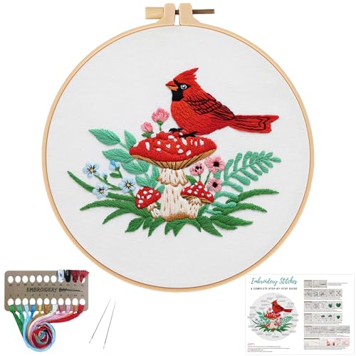 Louise Maelys Cardinal Mushroom Embroidery Kits for Beginners,Cross Stitch Kit for Adults,DIY Needlepoint with Flowers Pattern