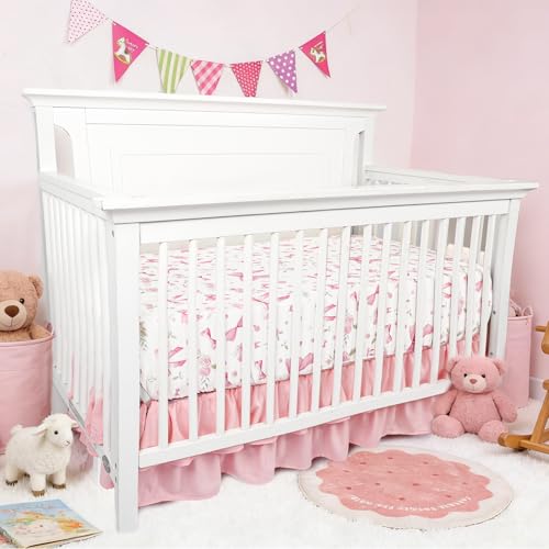 Jundetye Floral Crib Bedding Set for Girls, 4 Pieces Pink Baby Nursery Bedding Set for Standard Size Crib, Including Soft Comforter, Crib Sheet, Ruffled Crib Skirt, Diaper Stacker Jundetye