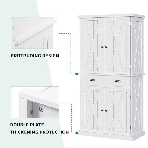 DWVO 72'' Tall Farmhouse Kitchen Pantry with Adjustable Shelves, Wood Kitchen Storage Cabinets with Doors & Drawer, Freestanding Cupboard for for Kitchen, Dining Room, Living Room, White DWVO