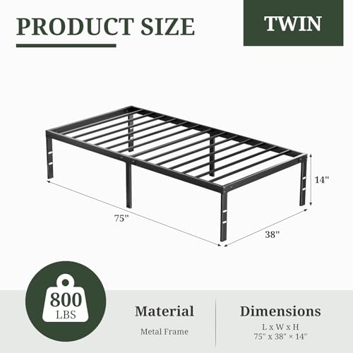 Twin Size Bed Frame, 14 Inch Metal Platform Bed Frames with Heavy Duty Steel Slat Support, No Box Spring Needed, Easy Assembly, Under Bed Storage SageNest