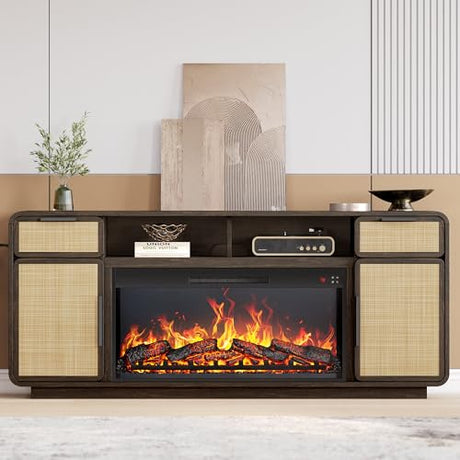 BELLEZE 68" TV Stand for TV Up to 75",Boho Entertainment Center with 36" Electric Fireplace Heater with Sound, Rattan Decorated Console Table Storage Cabinet for Living Room, Bedroom - (Brown) BELLEZE