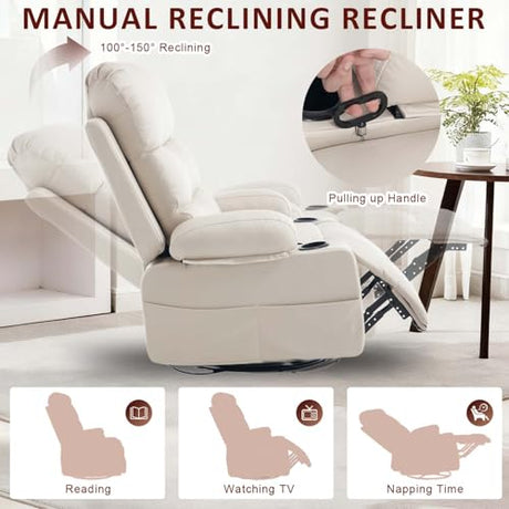KCQ Rocker Recliner Chair with Heat and Massage, Oversized Manual Recliner Chair with Cup Holder, Faux Leather Swivel Rocking Recliner Glider Chair for Nursery, Beige KCQ