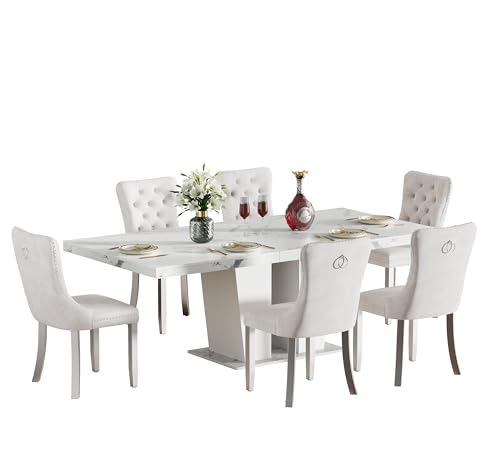 Henf 7 Pieces Faux Marble Dining Table Set for 6, 63"-79" Extendable Dining Room Table and 6 Beige Tufted Chairs Set for 6, Modern Large Expandable Kitchen Table with White Double Columns Base Henf