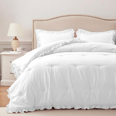 HARBOREST King Comforter Set White - Ruffle Comforter for King Size Bed, Fluffy King Size Comforter Set for All Seasons, 3 Pieces (1 Comforter & 2 Pillow Shams)