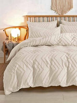 Nanko Beige Duvet Cover Twin Size, 2pc Boho Tufted Microfiber Bedding Comforter Cover Set, All Season Aesthetic Shabby Chic Soft Embroidery Textured Geometric Quilt Cover 68x90 inches Nanko