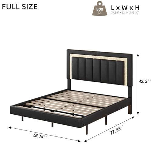 HOMBCK Floating Bed Frame Full with Smart LED Lights, Faux Leather Upholstered Bed Frame Full with Diamond Headboard, No Box Spring Needed, Noise Free, Easy Assembly, Black HOMBCK