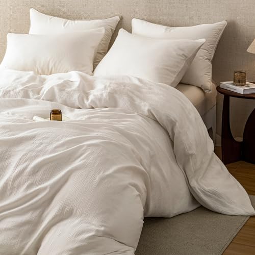 AGSIT Muslin Duvet Cover 100% Washed Cotton, Queen Size Duvet Cover Set Linen Like, Minimalist Soft Comforter Cover 3 Pieces, Lightweight Gauze Duvet Cover with 2 Pillowcases, 90”x90”, Pure White AGSIT