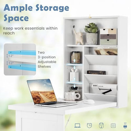 Tangkula Foldable Wall Mounted Desk, Floating Table with Storage Shelves & Hooks, Space-Saving Fold-Up Murphy Desk for Small Spaces, Home Office, Dorm Room Tangkula