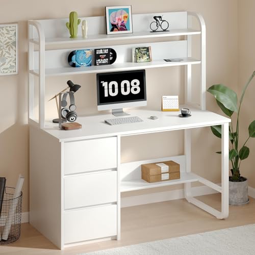 MaverickFurni 60 Inch Computer Desk with Shelves & Hutch, Home Office Desk with 3 Storage Drawers for Bedroom Work, Study Writing Table for Small Spaces, Adjustable feet, White MaverickFurni