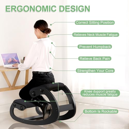 Predawn Adjustable Ergonomic Kneeling Chair – Custom Height Rocking Posture Stool with Thick Cushions, Solid Wood Frame, Knee Support Seat for Adults, Office or Meditation Use (Onyx Black) Predawn