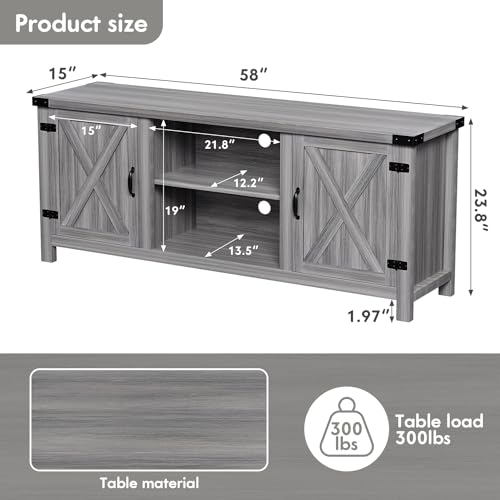 YESHOMY Modern Farmhouse TV Stand with Two Barn Doors and Storage Cabinets for Televisions up to 65+ Inch, Entertainment Center Console Table, Media Furniture for Living Room, 58 Inch, Gray W - WoodArtSupply