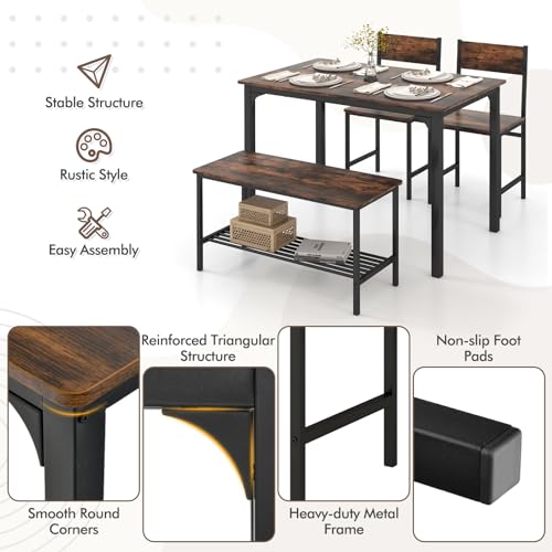 GOFLAME 4-Piece Dining Table Set for 4, Industrial Kitchen Table with 2 Chairs & Bench, Space-Saving Breakfast Table Set with Storage Shelf & Metal Frame, Wooden Dinette for Dining Room, Rustic Brown GOFLAME