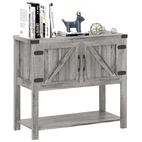 HOMCOM Farmhouse Double Door Coffee Bar Cabinet, Console Table, Sideboard Buffet Cabinet with Bottom Shelf for Entryway, Living Room, Stone Gray HOMCOM