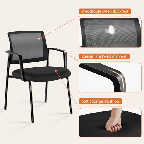 Sweetcrispy Mesh Back Stacking Arm Chairs 4 Pack, Upholstered Fabric Stack Chairs, Sturdy Metal, Easy to Use and Store, Outdoor and Indoor, for Home, Office, Party, Comfy，Black Sweetcrispy
