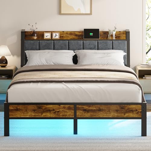 Queen Size Bed Frame with Wood Headboard, Metal Platform Bed with USB Charging Station and Smart LED Lights, No Box Spring Needed, Easy Assembly Liians