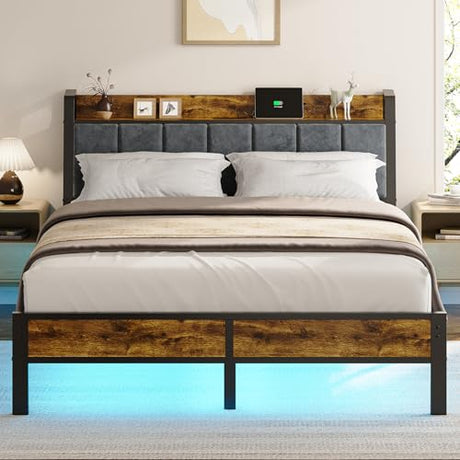 Queen Size Bed Frame with Wood Headboard, Metal Platform Bed with USB Charging Station and Smart LED Lights, No Box Spring Needed, Easy Assembly Liians
