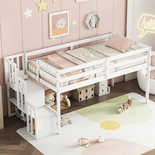 Twin Size Low Loft Bed with Stairs,Kids Loft Bed with Storage Staircase,Twin Bed Frame for Kids Boys Girls,White Bellemave