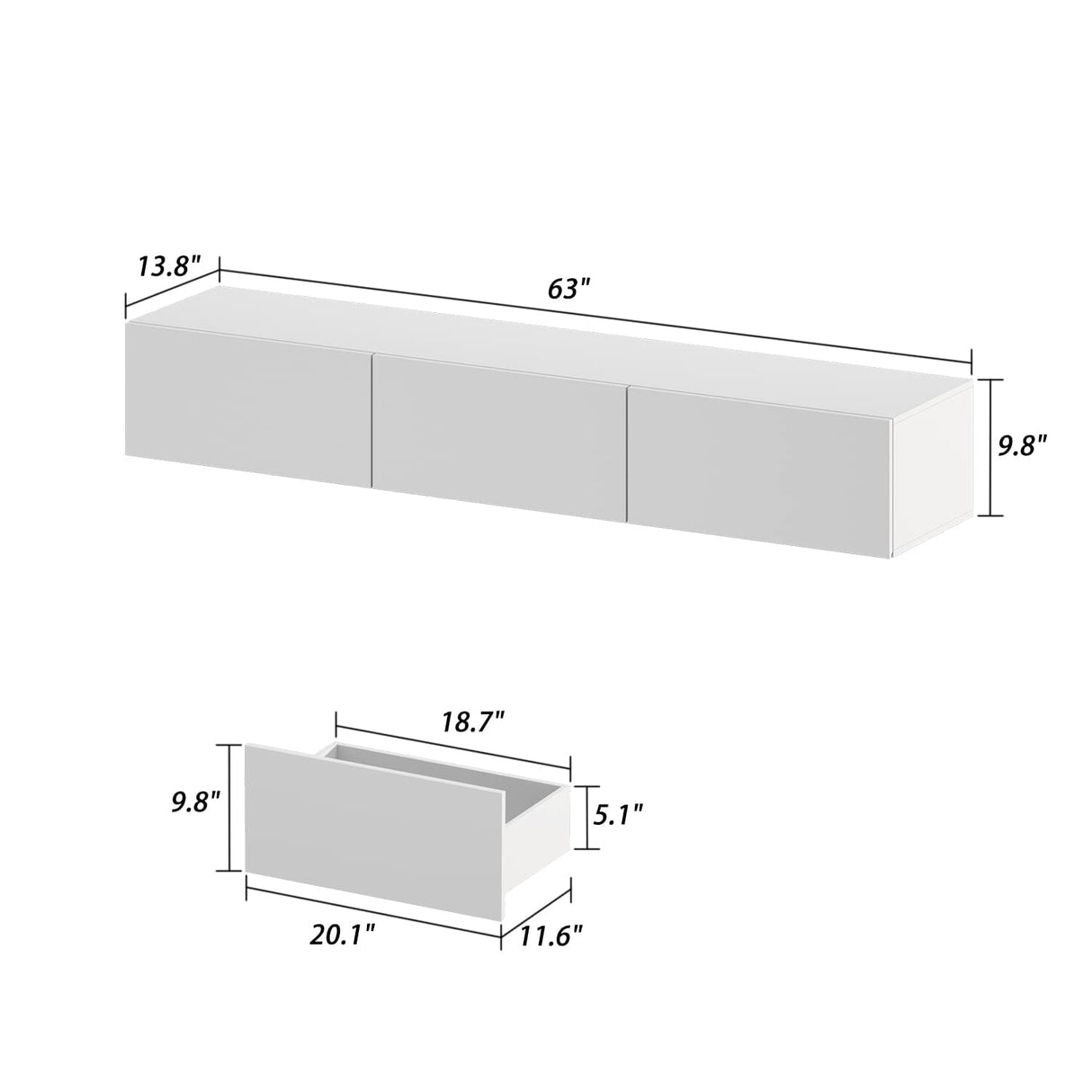 DMAITH Floating TV Stand with LED for 60 65 70in TV, Glossy Wall Mounted Modern Entertainment Center with 3 Drawers, White DMAITH