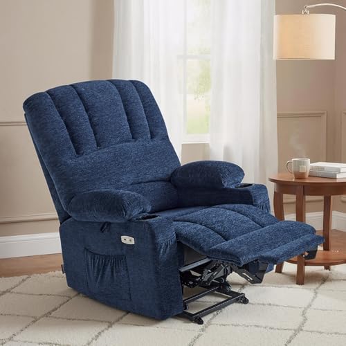 MCombo Power Lift Recliner Chair for Elderly, Lift Chair with Heat and Massage, USB &Type C Ports, Cup Holders, Fabric 7095 (Medium, Navy Blue)