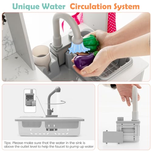 HONEY JOY Corner Kids Kitchen Playset, Wooden Play Kitchen for Toddlers, Range Hood, Water Circulation, Water Dispenser, Storage Box, Little Chef Pretend Toy Kitchen Set w/Lights & Sounds, Gray HONEY JOY