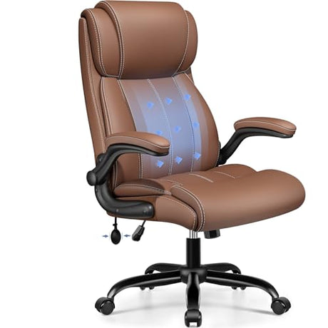 BESTFAIR Ergonomic Office Chair - Home Desk Computer Chair, Leather High Back Executive Chairs with Adjustable Lumbar Support & Flip-up Arms, Rocking Swivel Comfy, Brown BESTFAIR