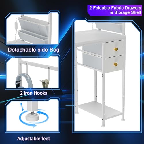 Jakyitvi 33.7" Computer Desk with Power Outlets, LED Lights & 2 Drawers, Small Office Desk with Storage Bag & Hooks, Gaming Desk for Bedrooms or Home Office, Compact Study Desk for Small Spaces，White Jakyitvi