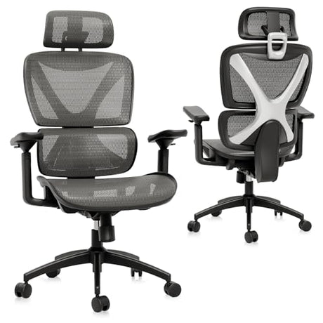 GABRYLLY Ergonomic Office Chair, Big and Tall Mesh Chair with Lumbar Support, 3D armrest - 215° Rotation, Adjustable Headrest & Soft Seat, Durable Desk Chair 350LBS for Work Gaming Computer,Grey GABRYLLY