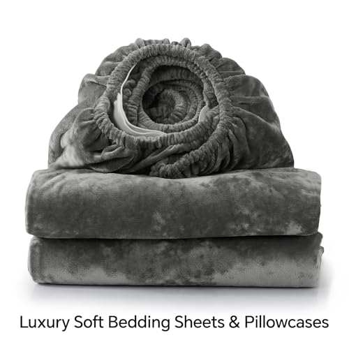 BEDELITE Velvet Fitted Sheet and Pillowcases Set, Luxury Soft Fuzzy Bottom Sheet with Reinforced Elastic Corner Straps, Deep Pocket up to 15 Inch, 1 Fitted Sheet and 2 Pillowcases (Full, Grey) BEDELITE