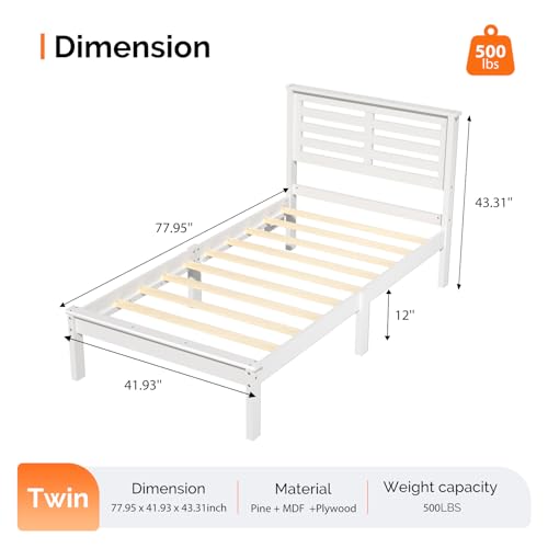 VINGLI LED Twin Bed Frame Set of 2 Solid Wood Platform Single Bed with Headboard USB Charging Station,Panel Bed, Wood Slat Support Mattress Foundation, White VINGLI