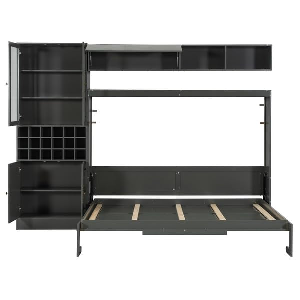 Polibi Full Size Murphy Bed with Sofa Function - Space-Saving Wall Bed, Shelves USB and Light, for Small Apartments/Studios, Gray Polibi