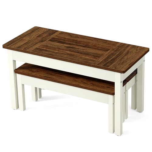 LITTLE TREE Dining Table Set for 4, Small Space Saving Farmhouse Kitchen Chairs, Compact 3-Piece Kitchen and Dining Room Furniture with 2 Wood Benches LITTLE TREE