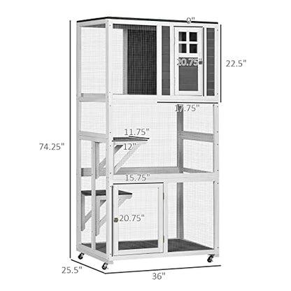 PawHut 74" Wooden Catio Outdoor Cat House Weatherproof & Wheeled, Outside Cat Enclosure with High Weight Capacity, Kitten Cage Condo, Gray